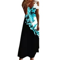 Черна рокля Дамска Мода ежедневен печат дантела прашка в врата Мода печат дълга свободна рокля Фиш рокля синьо 2хл