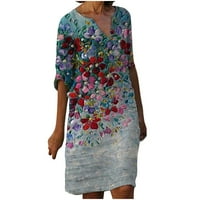 Blueek дамски ръкави рокли модни цветя отпечатана талия Sundress V-образно рокля с дължина на коляното