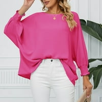 Шифон с дълъг ръкав екипаж на шията твърди блузи летни ризи за жени горещ розов размер xl