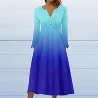Hfyihgf женски моден флорален отпечатани дълги рокли градиент солиден бутон с v-образен ръб рокля удобна бизнес дата рокли сини xxl