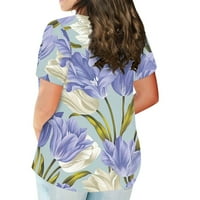 Плюс размери върхове за жени лятна флорална туника за печат пролетни върхове Crewneck с къси ръкави ризи облечени ежедневни блузи