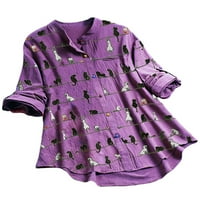 Капризи жени върхове котешки отпечатани ризи бутон надолу блуза разхлабена туника риза ревера врат лилаво m