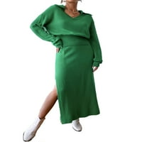 Небрежна обикновена яка пола с дълги ръкави зелени жени пуловер коорди