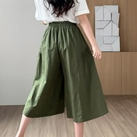 Атлетични работи Капри за жени еластична талия с твърд цвят двоен джоб широк панталон с панталон с панталони окачени панталони затруднени каприс женски каприс стил q зелено
