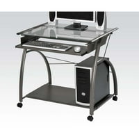 Hassch Moveable Computer Desk, Home Office Laptop Table с издърпване на клавиатура и отворено отделение, стъклен работен плот и метална рамка, сребро