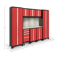 Newage Products Bold Series Червен комплект шкаф, тежкотоварна система за съхранение на гараж с 24 габарити, включени светодиодни светлини Slatwall