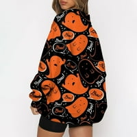 Хелоуин суичърс за женски небрежен моден моден суичър с дълъг ръкав печат огромен с цип суичър Топс оранжево XL