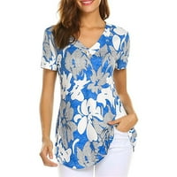 Ауеоооси блузи за жени модни облечени, дамски ежедневни ризи с къс ръкав v шия отпечатани хлабави тениски тениска блузна туника върхове