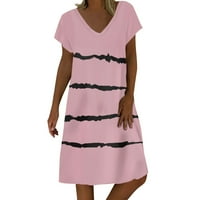 Дамски рокли Просвета v-образна рокля от раирана миди рокля, а-линия късо ръкав лятна рокля розово s