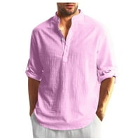 Мъжки ризи дизайнер пролет през лятото Мъжки небрежно памучно бельо със солиден цвят дълги ръкави ризи Разхлабени ризи розово l