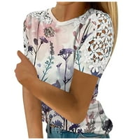 Женски ризи за флорални принт сладък дантелен плекнек блузи върхове с къс ръкав елегантна туника дами пролетни дрехи, многоцветен l