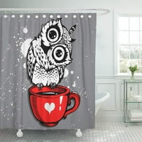 Червено забавно сладък сова Карикатура Дизайн на птици Грънд с хипстърски персонаж с кафето душ завеса
