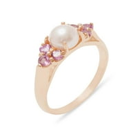 Британски направени 10K розово злато култивирани перли и розови турмалин женски пръстен за клъстери - Опции за размер - размер 8.5