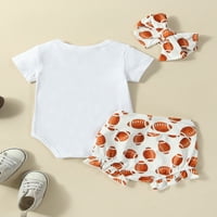 Arvbitana Baby Girls Jumpsuit Loaltits с къс ръкав Писма за печат + ръгби печат къси панталони + комплект за глава на главата на бебета летни ежедневни дрехи 0-24M