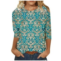 Mlqidk ръкави ризи за жени модни флорални щампа в средна дължина ръкав блуза кръгла шия ежедневни върхове, светлосин xxl