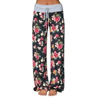 Дамски панталони удобни ежедневни пижама флорална щампа с теглене с широк крак за работа панталони за жени