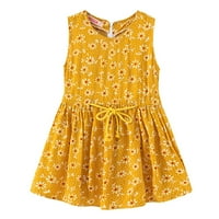 Efsteb модна сладка момичета рокли деца малко дете момиче дрехи памук принцеси рокли лято флорална рокля без ръкави за печат+шапка жълт