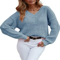 Небрежни обикновени v вратни пуловери с дълъг ръкав бебешки сини жени пуловери