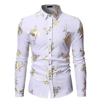 Тениски с дълъг ръкав за мъже мъже нощен клуб лъскава златиста роза отпечатан тънък годен копче надолу парти рокля риза JE XL