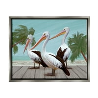 Ступел индустрии тропически плаж Пеликани палми графично изкуство блясък сив плаваща рамка платно печат стена изкуство, дизайн от Зивей ли