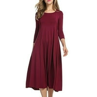 Женски случаен твърд цвят със среден ръкав о-не-деколте голяма рокля с висока талия, вино, xxl