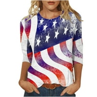 Тениска на Ecqkame American Flag For Women Clearance Модни жени отпечатана тениска в средна дължина ръкави блуза кръгла шия ежедневни върхове сини xl