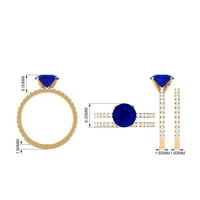 Жени 3. КТ Пег главата комплект Кръгла форма лаборатория създаден син сапфир пасианс пръстен комплект с моасанит, 14к Бяло Злато, САЩ 4.50