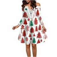 Tklpehg есенни рокли Коледна рокля за дамски дълъг ръкав от рамо коляно рокля ежедневна коледна снежинка печат парти рокля a03-червена xxl