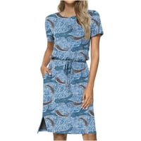 Finelylove жена полу официални рокли момичета летни рокли v-образно отпечатано късо ръкав слънчева рокля синьо