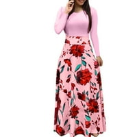 Tking fashion дамски летни елегантни винтидж флорални отпечатани тънки опаковки рокли с дълъг ръкав кръгла шия макси рокли черни m