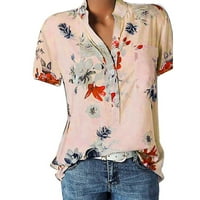 Женски флорални печат графични тениски с къс ръкав модни блузи бутон надолу го приспособяват V Neck Casual Tunic Orange 2XL