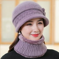 Жени плътни цветове дебели топъл лък, украсена с барета плюшена плетена шапка и шал