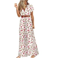 Пролетни макси рокли за жени ежедневни винтидж флорален щампа с къс ръкав дълбок кръст v Врат дълга бохемска рокля с колани намалени и разпродажба
