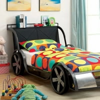 Racer Metal Twin Size Bed, Silver and Black-Saltoro Sherpi