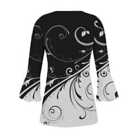 Fjofpr дамски есенни върхове ръкав дамски тениски v туника на шията от печат на тромпет тениска надолу риза Основни разрушени върхове Плисоти блузи ежедневни пуловер