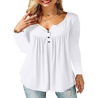 Voguele Ladies Thish Henley v Тениска на шията с дълъг ръкав Tee Work Tunic Blouse Casual Pullover White M