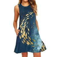 Дамски летни рокли риба принтен припечатък с кръгла шия без ръкави с джобове небрежна рокля рокля
