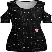 Черна котка женска тениска с къс ръкав студена рамо риза тий блуза върхове