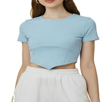 Lovito ежедневни обикновени кръгли шия с къс ръкав зашийте подрязани върхове за жени асиметрични тънки тениски тениски