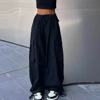Женски рокли панталони еластични товарни панталони стандартно високо издигане на талията с дълъг прав крак черно 3xl