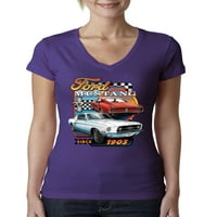 Wild Bobby Ford Mustang Откакто автомобили и камиони жени младши приспособяват тениски с V-образно деколте, лилав прилив, среден