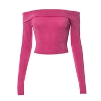 Женски извън рамото дълъг ръкав реколта топ елегантен плътно цвят тънък прилягане блуза улично облекло розово m