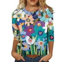 Сладки върхове за ръкав за жени свободни тениски пълни флорални ежедневни ризи от екипаж туника небесно синьо l
