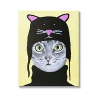 Ступел индустрии очарователни сива котка носенето шапка Черно Поло жълт фон картини Галерия-увити платно печат стена изкуство, 36х48