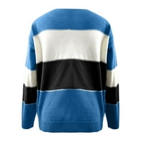 Женски цветен блок райета v Врат пуловер с дълъг ръкав плетен пуловер джъмпер върхове син XL