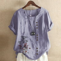 Дамски блузи дамски плюс размер бутони за печат с къс ръкав памучен спално бельо винтидж върхове лилаво xxxxxl