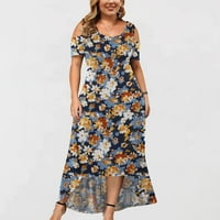 Просвета летни рокли за жени флорални средна дължина A-Line къси ръкави горещи продажби кръгла деколте рокля син 5xl