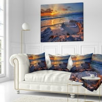 Дизайнарт красив морски бряг с жълто слънце - възглавница за хвърляне на морски бряг-16х16