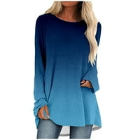 Puntoco дамски дълъг ръкав плюс клирънс с размер, женски градиент отпечатана тениска разхлабени върхове с дълъг ръкав Твърди блуза синьо 6