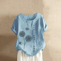 Блуза Дамски памучен лен кръг врата къс ръкав с копчета върхове отпечатани тениска светло синьо ххл